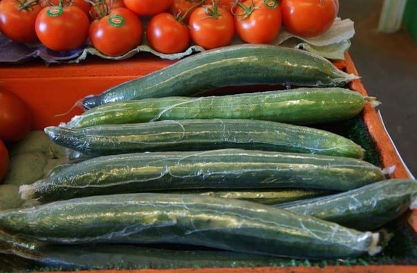 english cucumbers wrapped in plastic